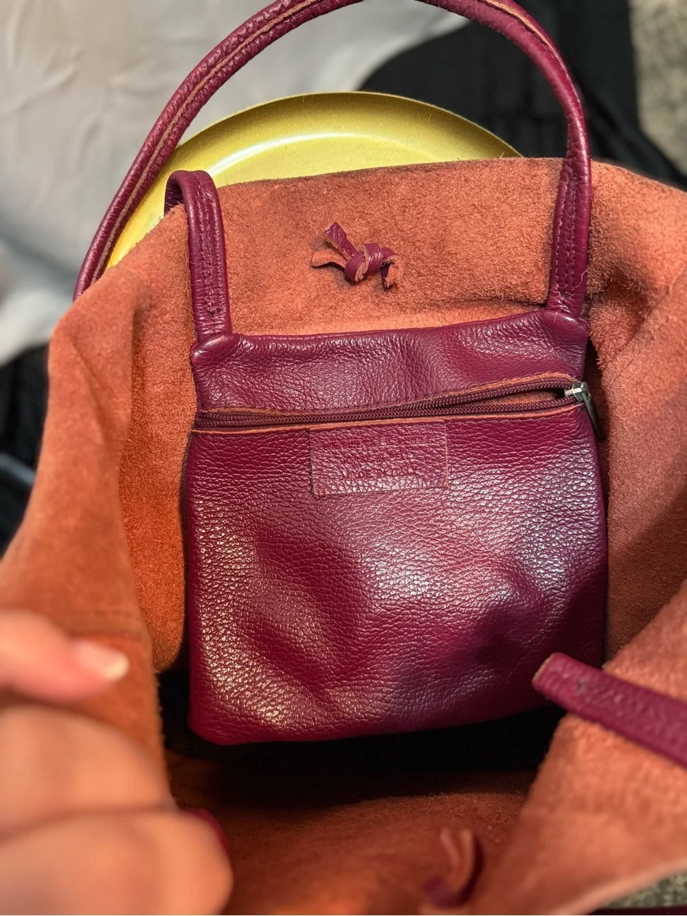 Genuine Italian Pebbled Leather Tote in Deep Burgundy with Tie Detail
